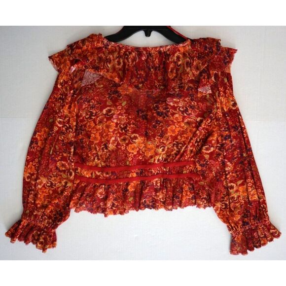 Free People OB1595772 Women's Sz M Cherry Combo Floral Rudi Ruffle Top - Picture 7 of 9